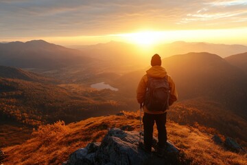Fototapeta premium Person enjoys a breathtaking sunset view from a mountain top after a day of hiking in the autumn season