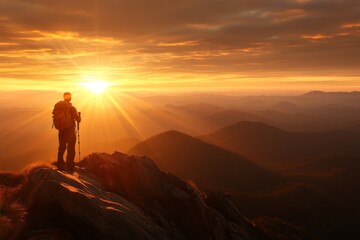 Obraz premium Hiker enjoys a breathtaking sunrise view from a mountain peak surrounded by rolling hills and distant mountains
