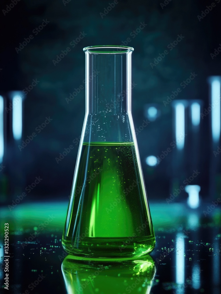 Poster A green liquid is contained within a flask and placed on a table