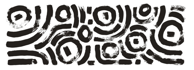 Squiggle and circles paint lines. Vector hand drawn wave round ink shapes composition. Abstract black curve freehand graphic elements. Scribble paintbrush wobble grunge illustration.