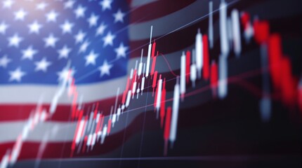 Candlestick chart overlaid on an American flag, symbolizing the U. S. Stock market and trading. Vibrant colors on a blurred background. Ai generative