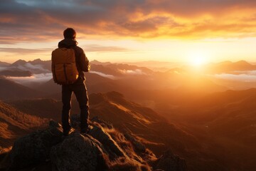 Fototapeta premium Hiker enjoys breathtaking sunset view from mountain top in serene wilderness