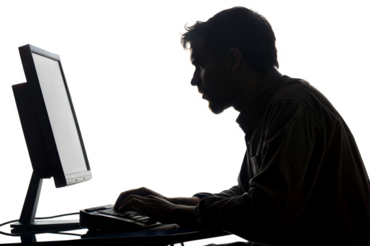 Silhouette of a man working on computer
