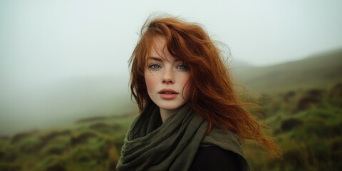 Fototapeta premium Young woman with red hair in misty natural landscape