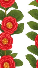 Obraz premium Hand-drawn camellias in soft watercolor style featuring a red flower with green leaves creating a charming design