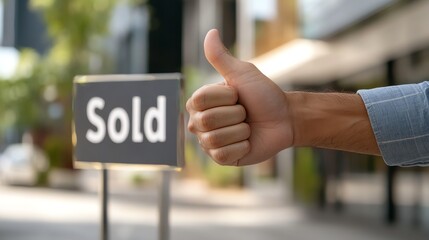 Hand Giving Thumbs Up Next to Sold Sign on Property