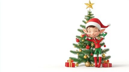 Cheerful elf decorating Christmas tree.