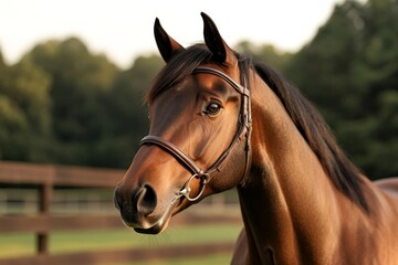 Obraz premium Majestic brown horse stands elegantly in a serene pasture during golden hour, showcasing its beauty and grace