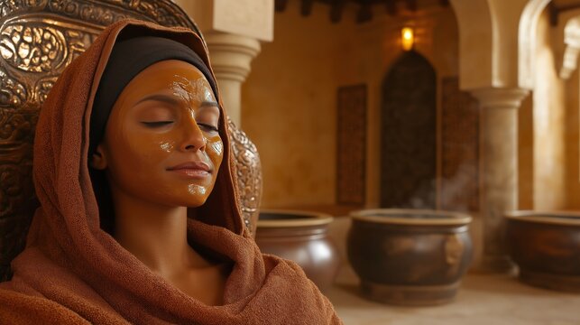 Woman enjoys a relaxing spa experience while applying a rejuvenating clay mask in a calming treatment room