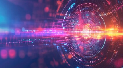 Obraz premium Abstract digital background with vibrant light trails and circular patterns, representing technology and innovation