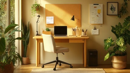 A home office featuring a bamboo desk, LED task lighting, and a cork bulletin board for sustainable note-taking..