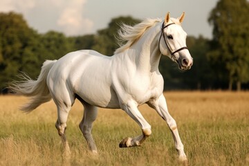 Obraz premium Galloping white horse through a golden meadow on a sunny afternoon in a tranquil countryside setting