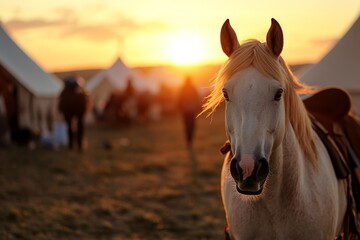Obraz premium Horse stands majestically in golden sunset at outdoor event with tents nearby and people milling around