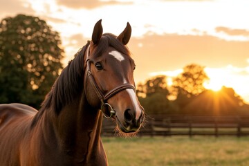 Obraz premium Beautiful brown horse stands in a field during sunset near rustic fencing in a peaceful countryside setting
