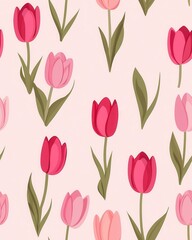 Fototapeta premium Lush pink and red tulip pattern creating a vibrant garden scene in a beautiful mix of soft watercolor shades