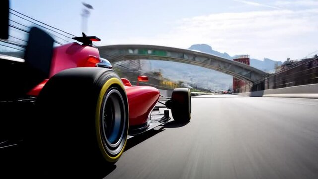 Formula Racing car through Monaco the track at high speed in a vibrant red sports car during a sunny day