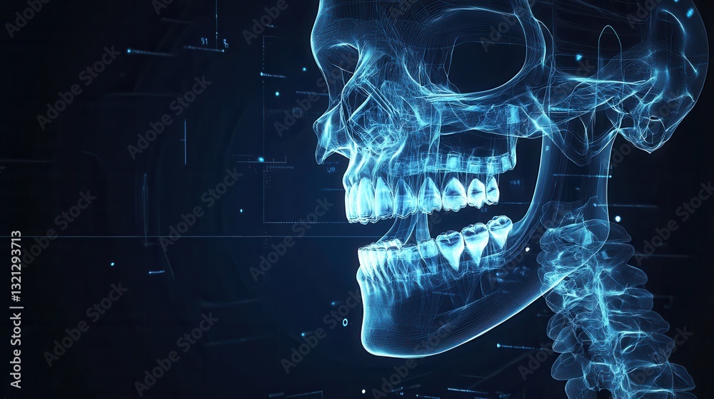 Poster detailed x-ray blueprint of a jawbone highlighting implants and skeletal outlines in a dark medical 