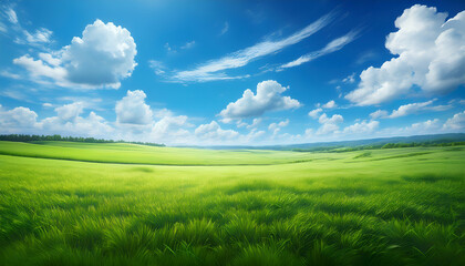 Obraz premium Serene Summer Day In A Vast Green Field Under A Vibrant Blue Sky Dotted With Fluffy White Clouds Showcasing Natures Breathtaking Beauty