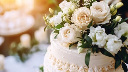 Fototapeta premium Elegant wedding cake adorned with roses and flowers at reception