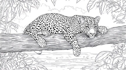Obraz premium Leopard resting on branch, jungle background, coloring page (1)