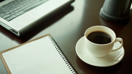 Morning routine with coffee, laptop, and notebook on a wooden desk