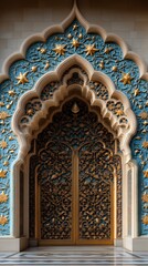 Obraz premium Ornate Gold Doors in Blue-Teal Architectural Entrance