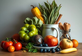 Assortment of fresh colorful fruits and vegetables on a table