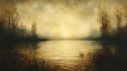 Golden sunset over tranquil lake, misty trees, calm water, peaceful landscape, nature art