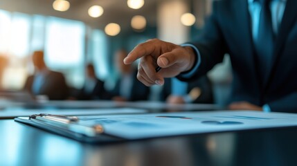 Businessman pointing at charts during a meeting in a conference room, discussing financial results