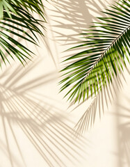Palm leaves shadow on beige background. Summer architecture aesthetic. Modern tropical mockup design. Sunlight blank scene on concrete wall. Brown cream grunge cement texture, hand-drawn digital ill