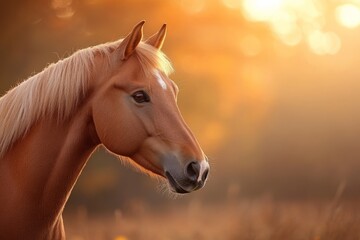 Obraz premium Sunset highlights the elegant features of a chestnut horse in a serene field