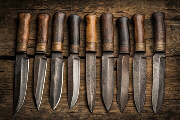 Quality handcrafted knives displayed on a rustic wooden surface, showcasing the artistry of a skilled blacksmith in a traditional workshop