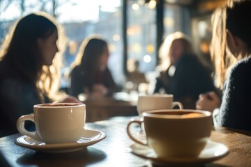A pair of cups filled with coffee sit on a table, ready for use