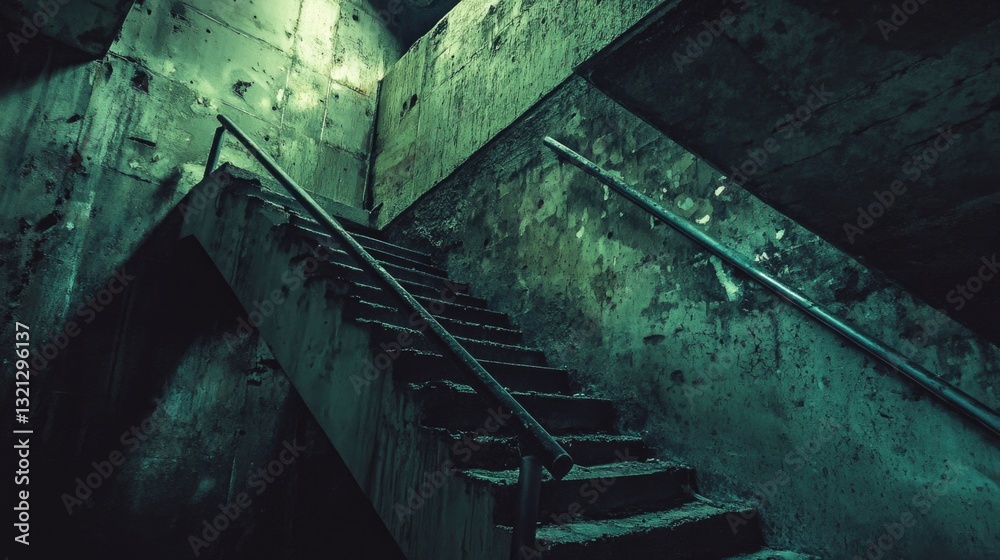 Poster a set of stairs leading up to the top of a building, suitable for use in architecture or cityscape i