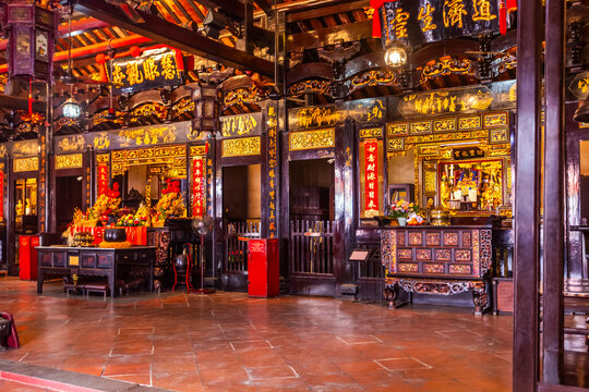 Beautiful interior of The Cheng Hoon Teng Chinese Temple in Malacca (Melaka) downtown in Malaysia