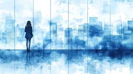 Fototapeta premium Woman Standing by Window Looking Over Cityscape in Blue Hues