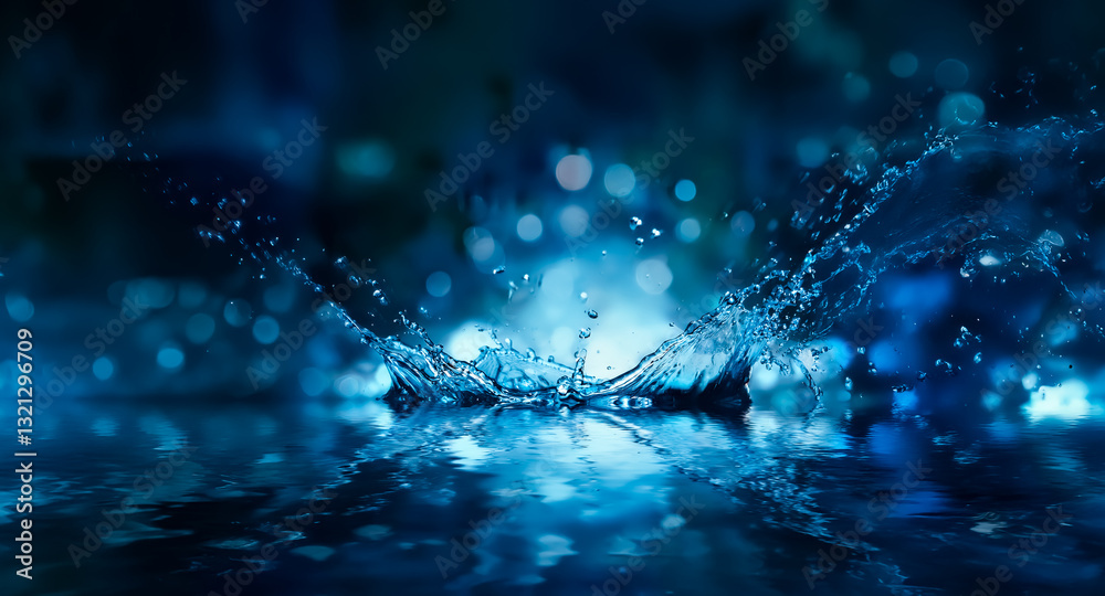 Fototapete water droplet splash on dark blue surface with bokeh background. liquid frozen motion, dynamic and r