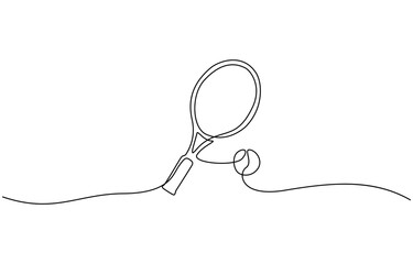One line continuous tennis ball and racket. Sport competition game tennis ball vector illustration, Continuous one line drawing table tennis racket. Sport, match concept. Single line drawing.