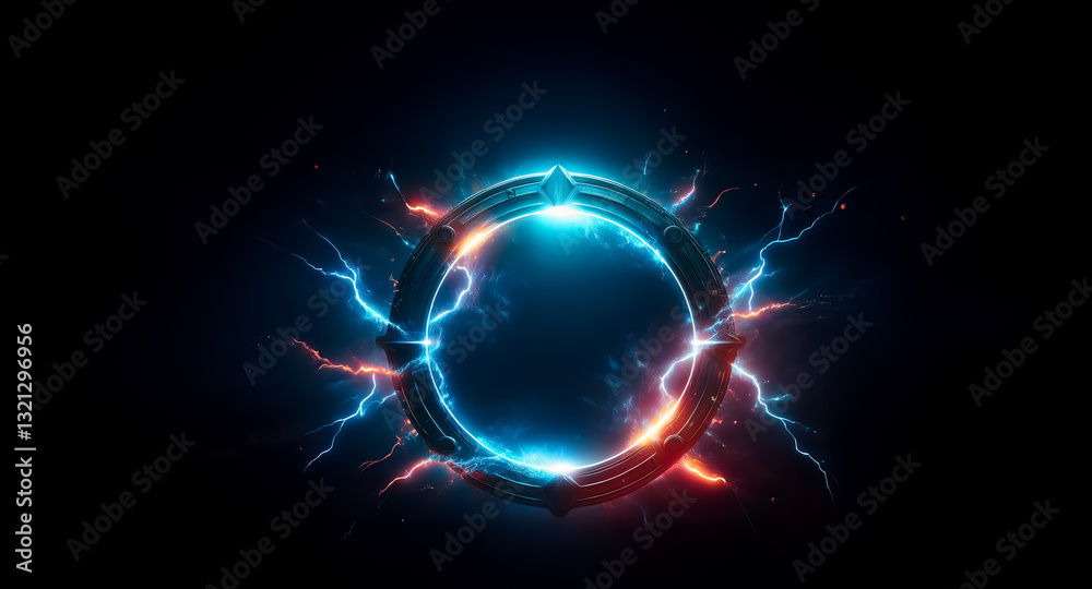 Aufkleber circular glowing ring with blue and red electric energy emanating from it, set against a stark black