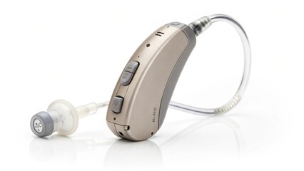 A modern hearing aid designed for improved auditory assistance, featuring a sleek design and adjustable settings for user comfort.