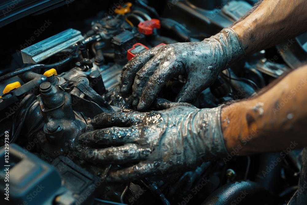 Poster a person working on the engine of a vehicle