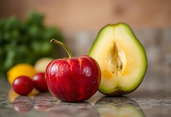 Fresh red fruit and cut avocado display on a counter surface