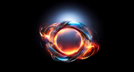 Abstract circular form with vibrant hues of red, orange, and blue, glowing against a dark backdrop. Resembles a portal or energy core with dynamic swirls.