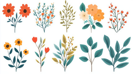 A bunch of flowers and twigs to decorate. Flat-style vector artwork of stylised plants. on a white backdrop, isolated.