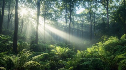 Obraz premium Enchanting Forest, Sunlight Filtering Through the Verdant Canopy, Creating an ethereal atmosphere