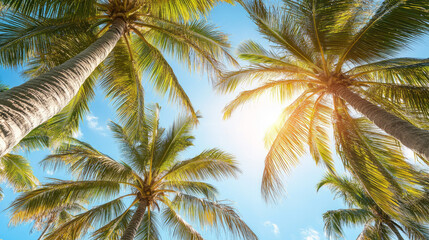 Bottom view of coconut palm trees with the sun streaming through the swaying, wind-blown branches. Leave Summer shot with natural lighting. Passing beneath palm trees. Trees' point-of-view camera as t