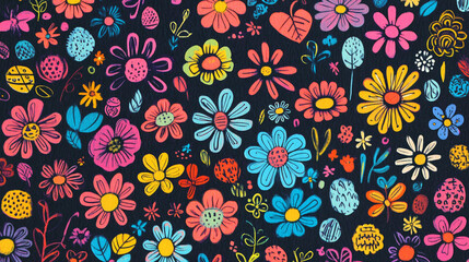 A collection of vibrant, kid-friendly crayon-drawn doodle flowers. pencil-drawn illustration of adorable flower icons. Cheers to Easter. botanical components in the folk style. Freehand adorable child