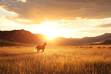 Fototapeta premium Majestic horse running in golden fields at sunset with mountains in the background