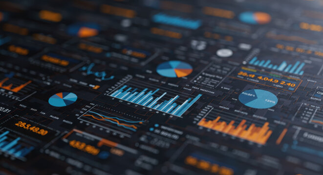 An abstract digital dashboard display shows data charts, graphs, and tables for business intelligence.