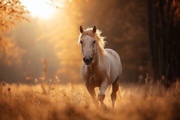 Fototapeta premium White horse galloping through golden field during sunset in autumn landscape